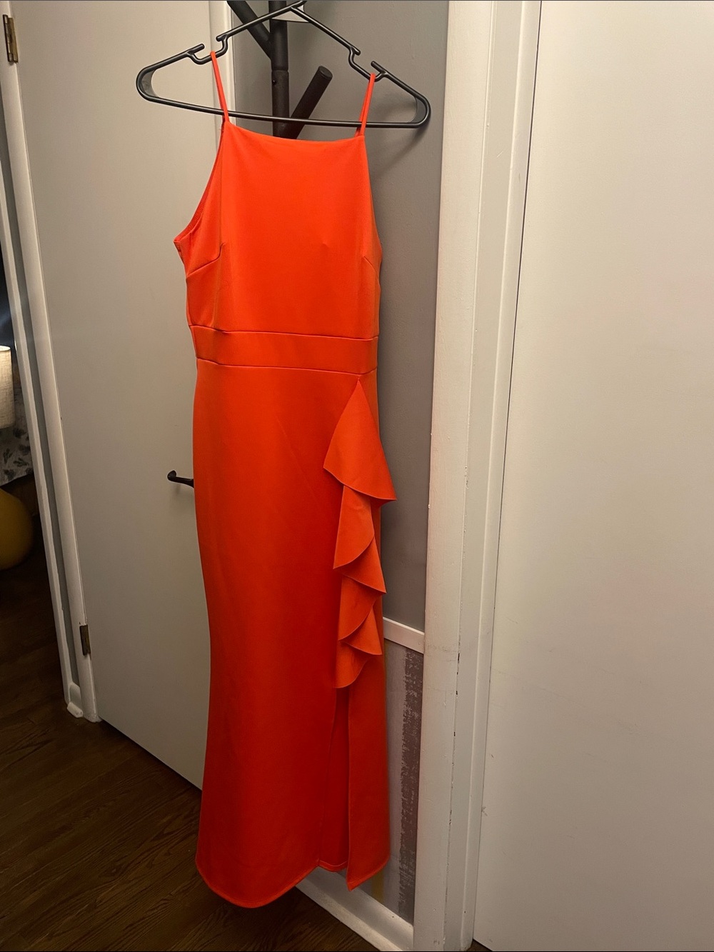 Spaghetti-Strap Orange Maxi Dress with Cascading Ruffle
